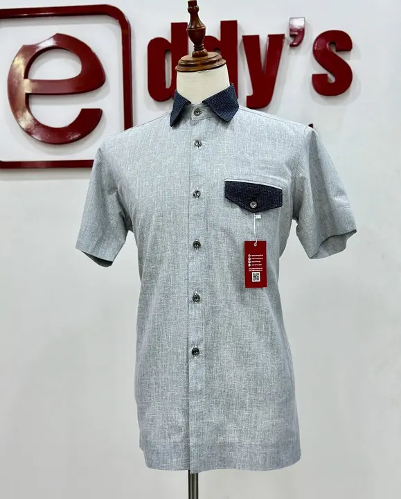 Grey linen shirt with a navy collar