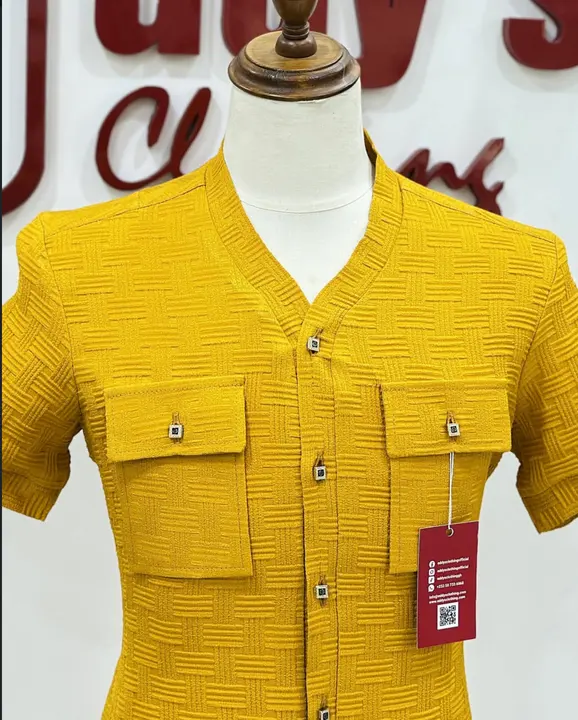 Mustard textured shirt, close up