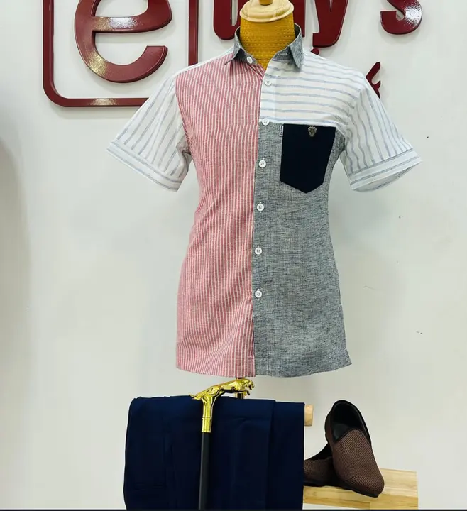 Striped panel shirt with navy trousers
