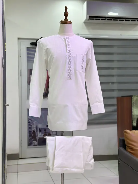 White long-sleeve set with an embroidered placket