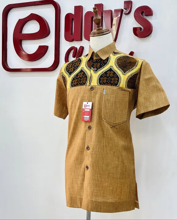 Tan shirt with a wax print yoke